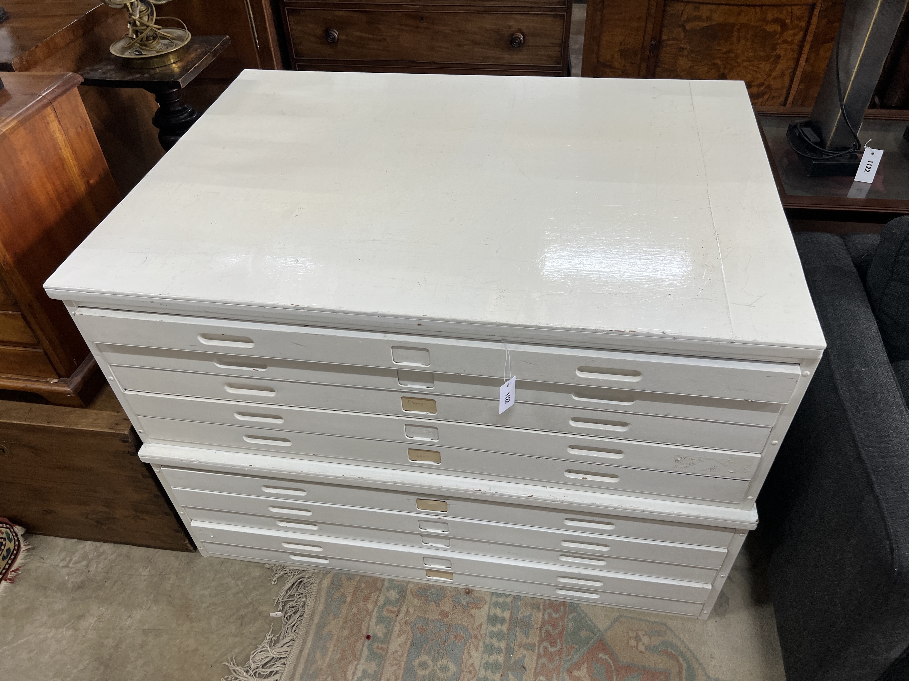 A Papworth Industries painted two part architects plan chest, dated March 1958 with stamped E R monogram, width 122cm, depth 89cm, height 85cm